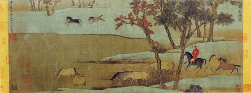 《秋郊饮马图卷》 绢本设色，纵26.4厘米，横100厘米，北京故宫博物院藏。赵孟頫59岁之作。