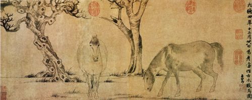《古木散马图卷》 纸本白描，纵29.8厘米，横71.7厘米，台北故宫博物院藏。